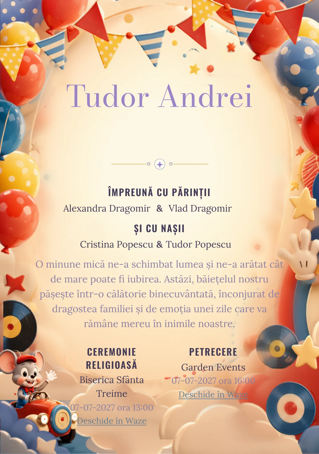 Clubul lui Mickey, din gama de invitații botez băiat, are ca reper vizual Mickey Mouse conducând un club; compoziția include mănuși stilizate.