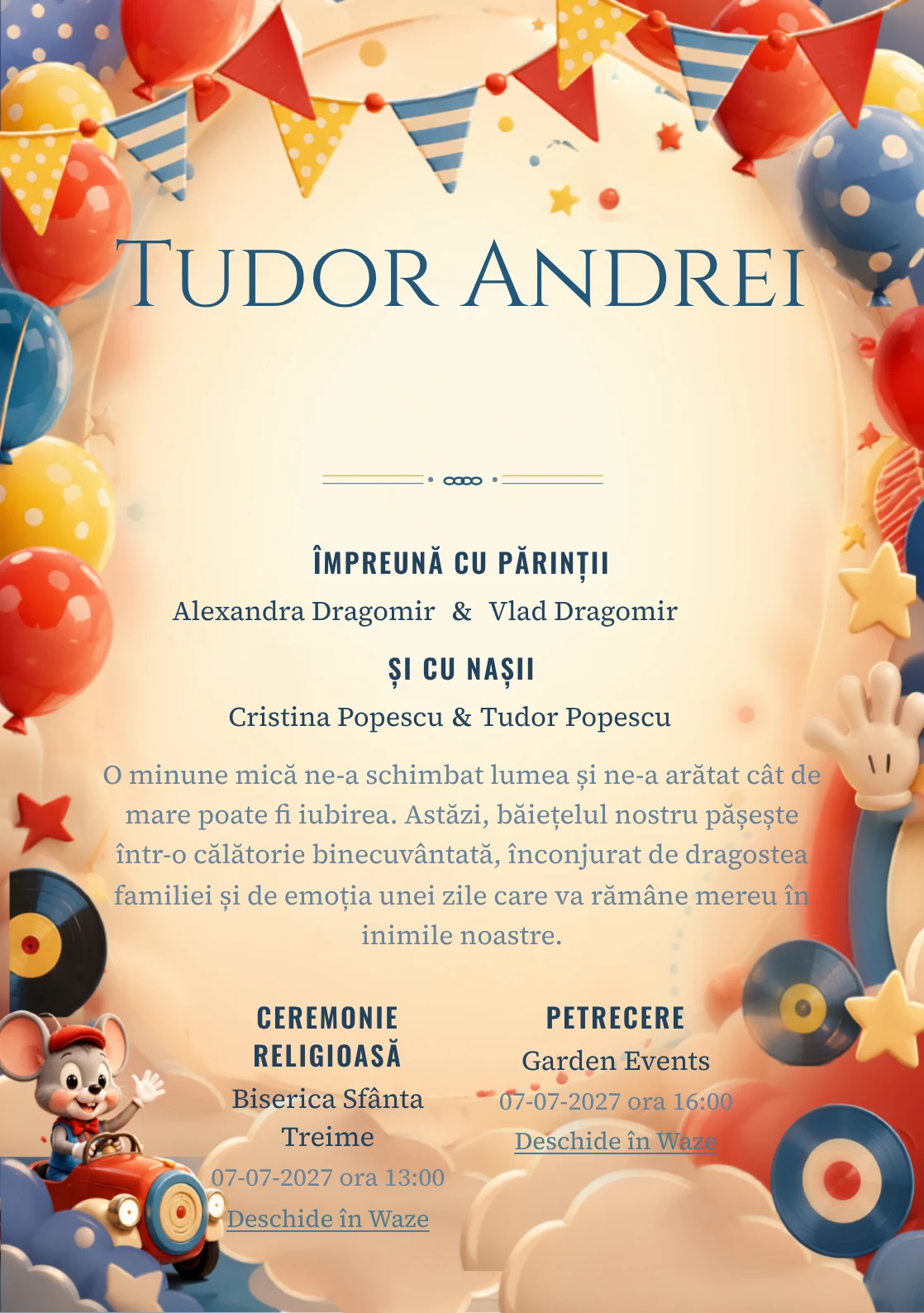 Clubul lui Mickey, din gama de invitații botez băiat, are ca reper vizual Mickey Mouse conducând un club; compoziția include mănuși stilizate.