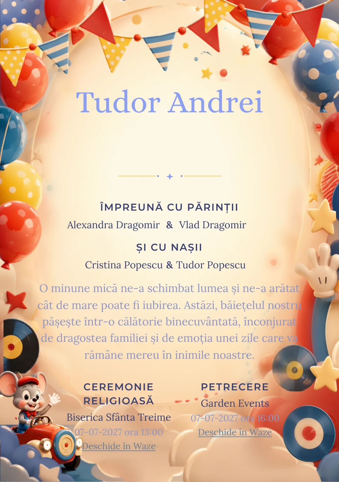 Clubul lui Mickey, din gama de invitații botez băiat, are ca reper vizual Mickey Mouse conducând un club; compoziția include mănuși stilizate.
