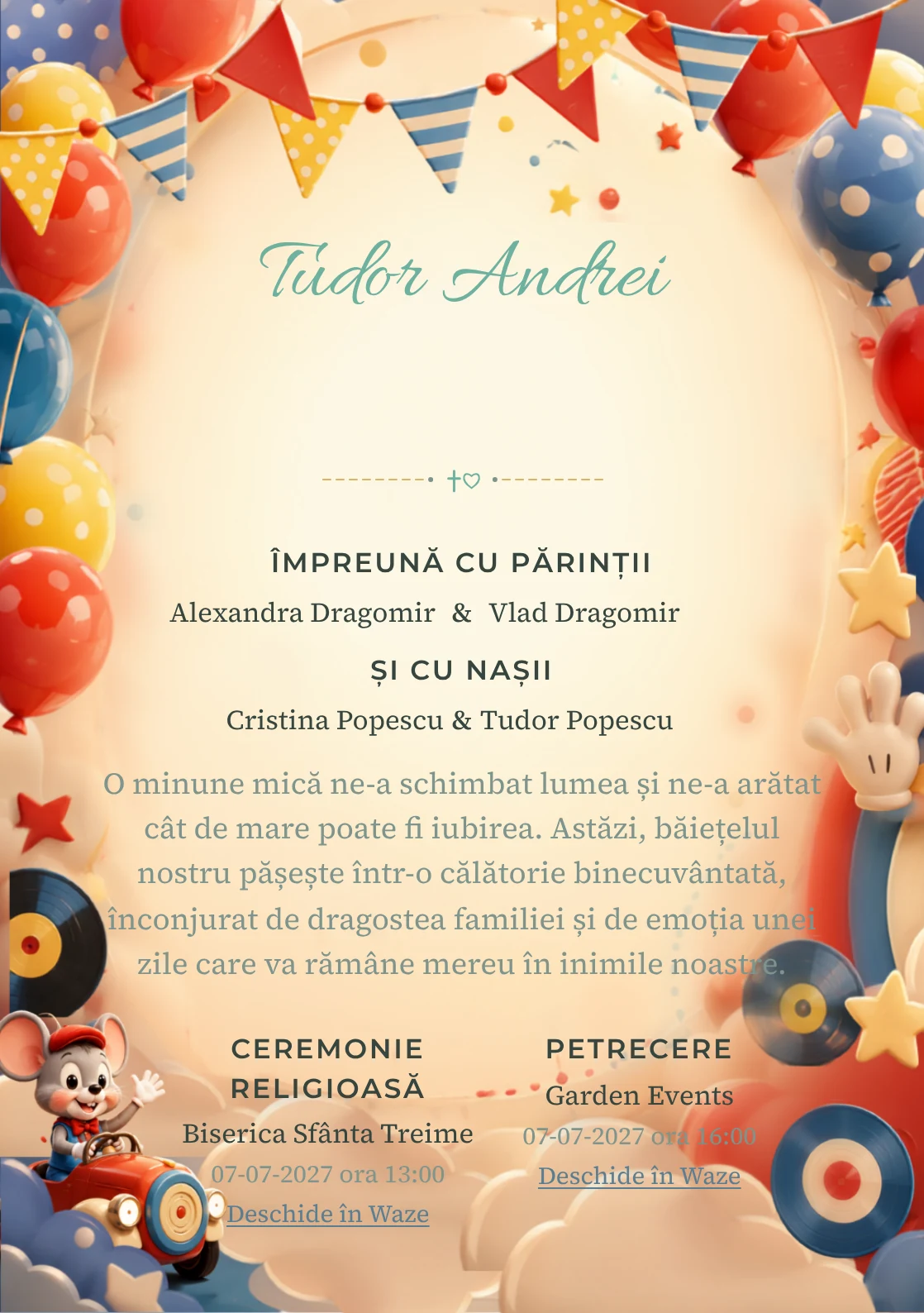 Clubul lui Mickey, din gama de invitații botez băiat, are ca reper vizual Mickey Mouse conducând un club; compoziția include mănuși stilizate.