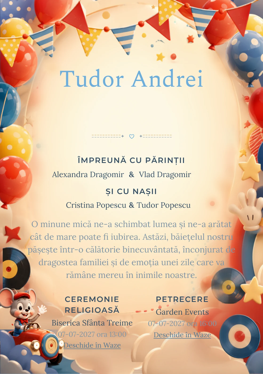 Clubul lui Mickey, din gama de invitații botez băiat, are ca reper vizual Mickey Mouse conducând un club; compoziția include mănuși stilizate.