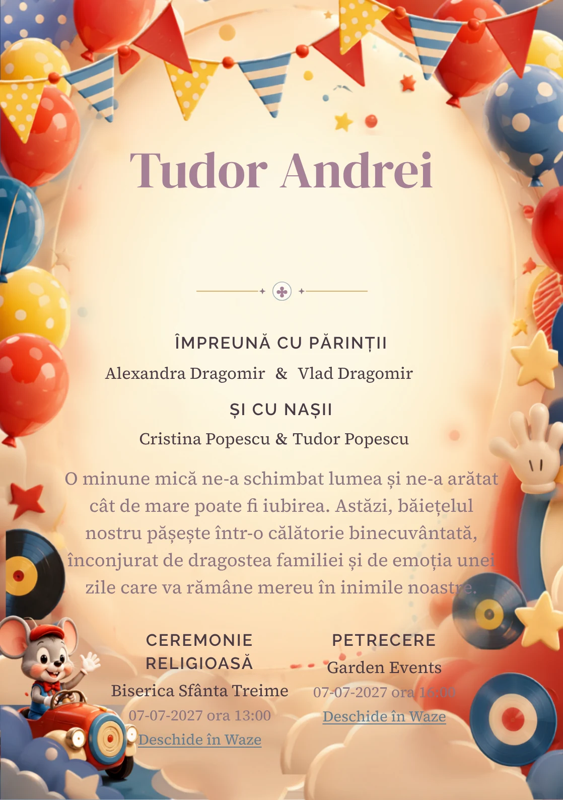 Clubul lui Mickey, din gama de invitații botez băiat, are ca reper vizual Mickey Mouse conducând un club; compoziția include mănuși stilizate.