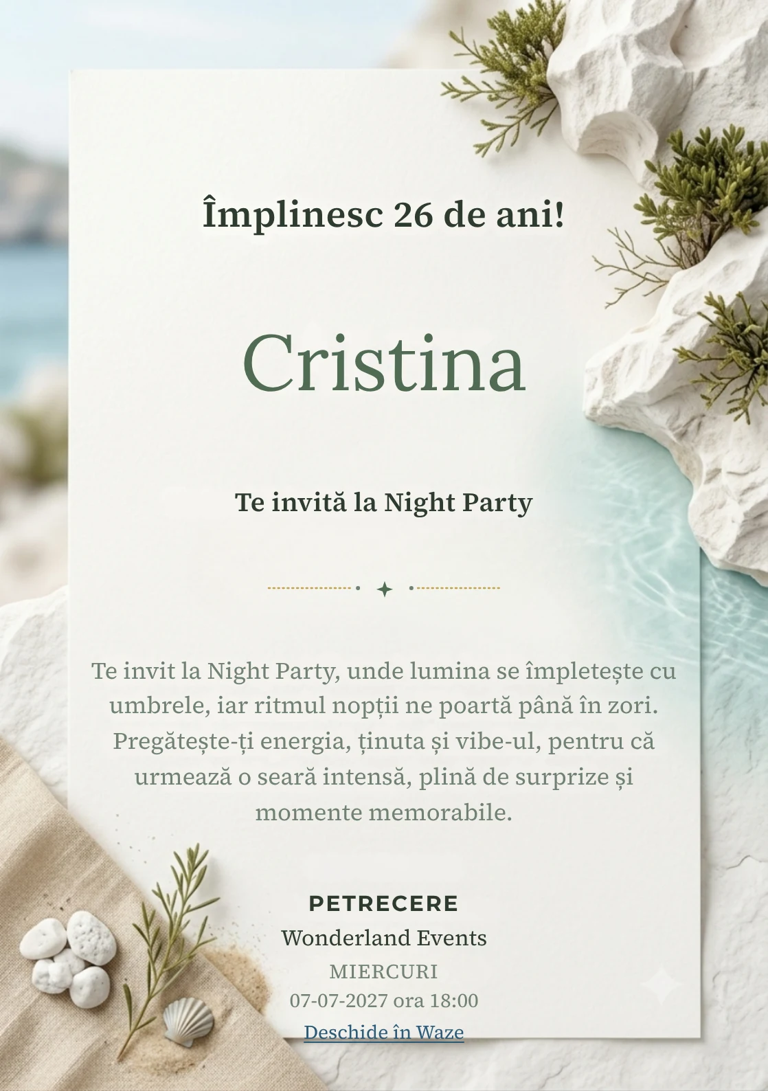 Pentru aniversarea adulților, modelul Coasta de Calcar propune o invitație digitală cu o formațiune de calcar și vegetație joasă și nuanțe de alb mineral și aqua.