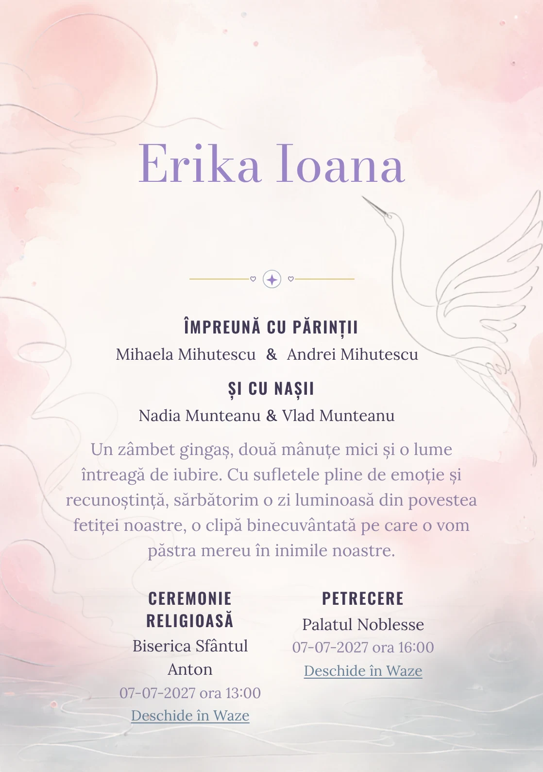 Compoziția Cocor Monoline, din gama de invitații botez, pune accent pe o siluetă de cocor desenată continuu și include valuri discrete și un disc.