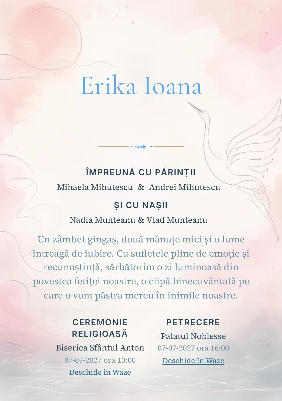 Compoziția Cocor Monoline, din gama de invitații botez, pune accent pe o siluetă de cocor desenată continuu și include valuri discrete și un disc.