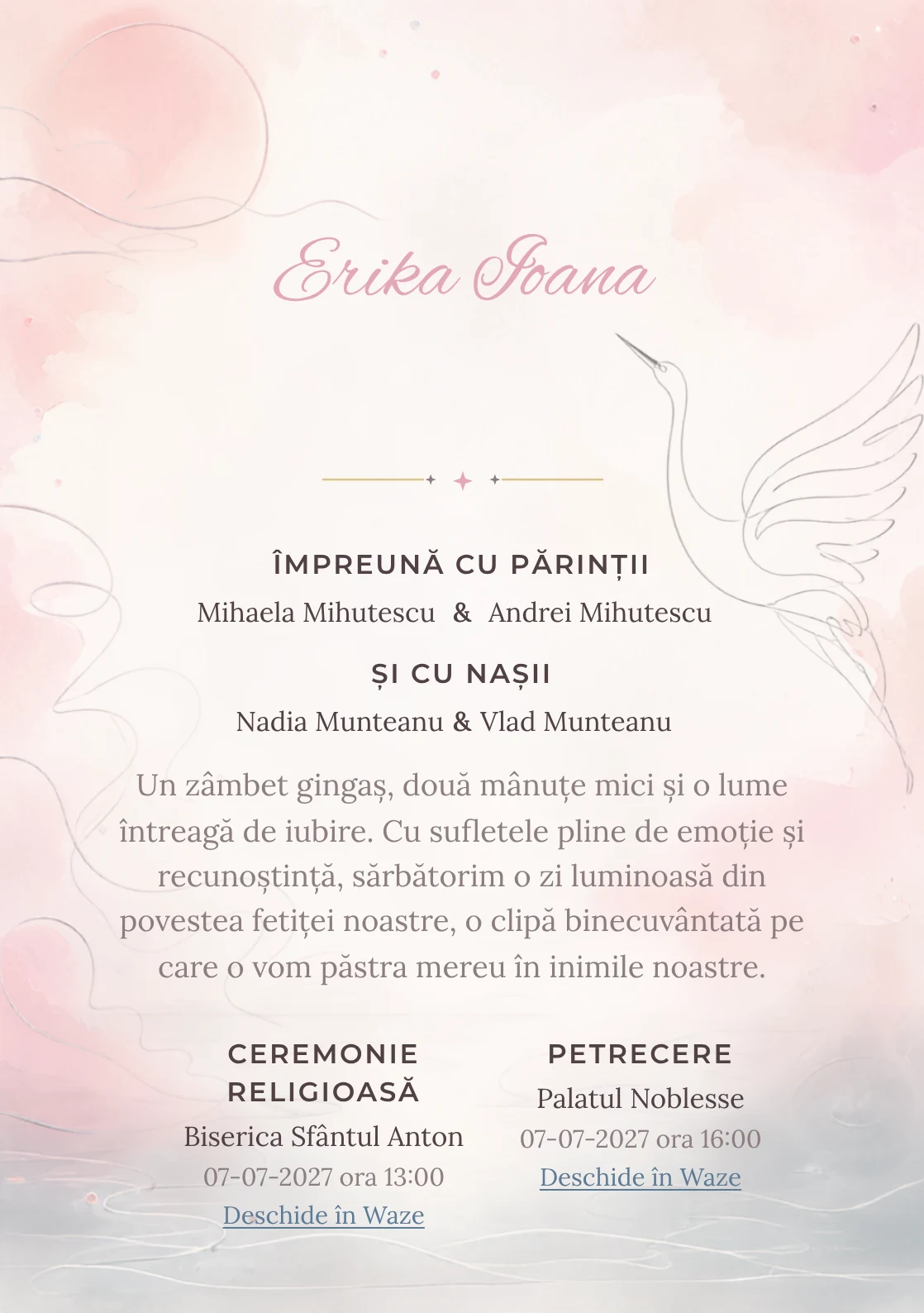 Compoziția Cocor Monoline, din gama de invitații botez, pune accent pe o siluetă de cocor desenată continuu și include valuri discrete și un disc.