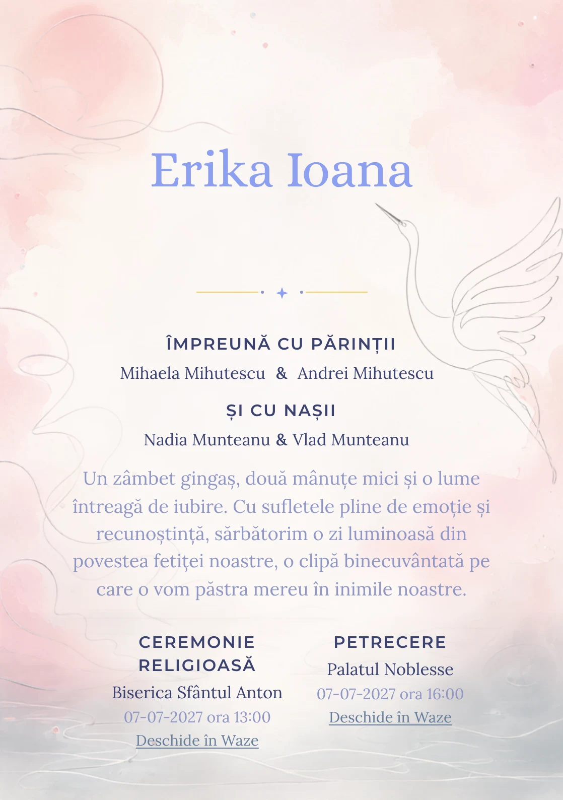 Compoziția Cocor Monoline, din gama de invitații botez, pune accent pe o siluetă de cocor desenată continuu și include valuri discrete și un disc.