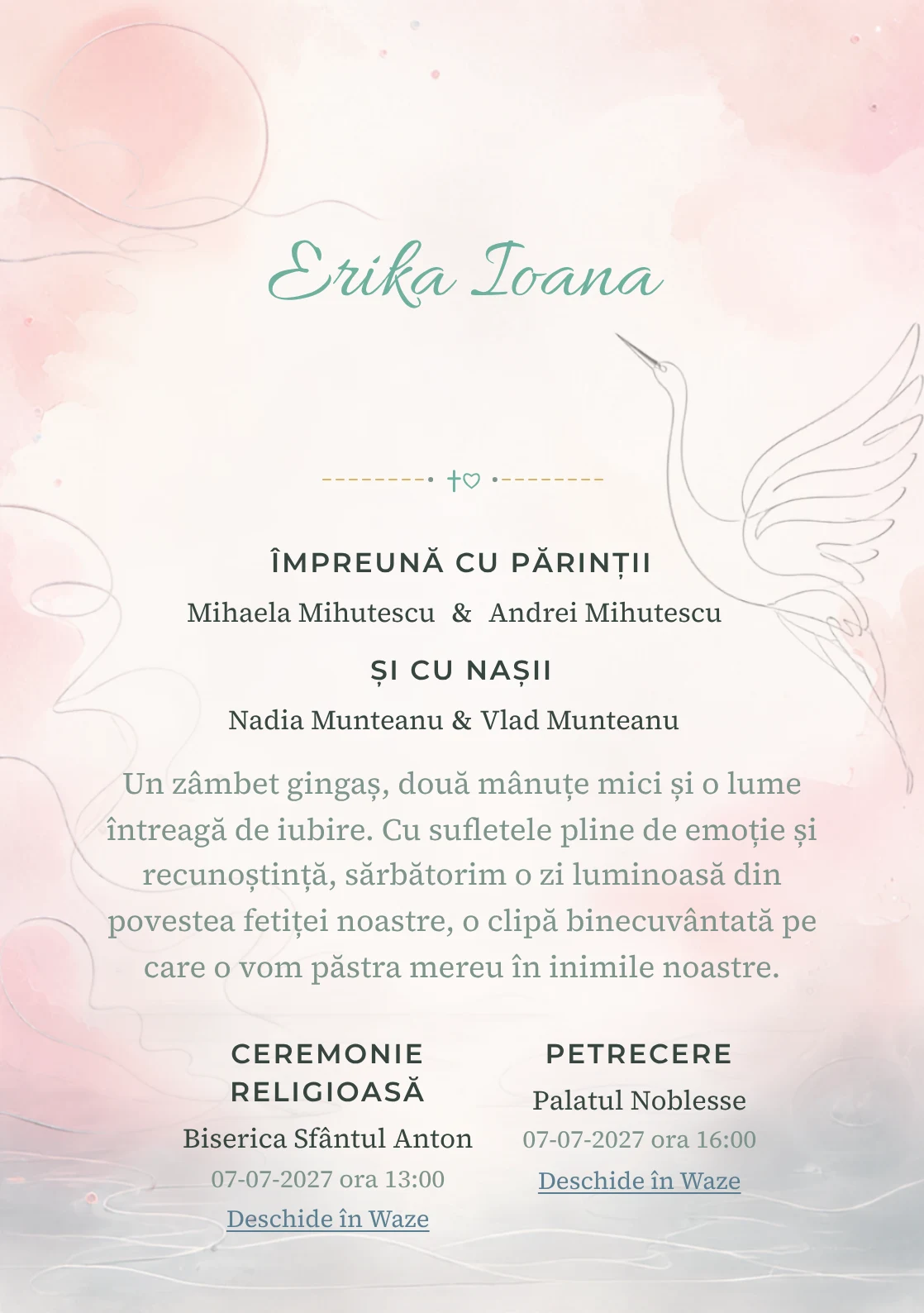 Compoziția Cocor Monoline, din gama de invitații botez, pune accent pe o siluetă de cocor desenată continuu și include valuri discrete și un disc.
