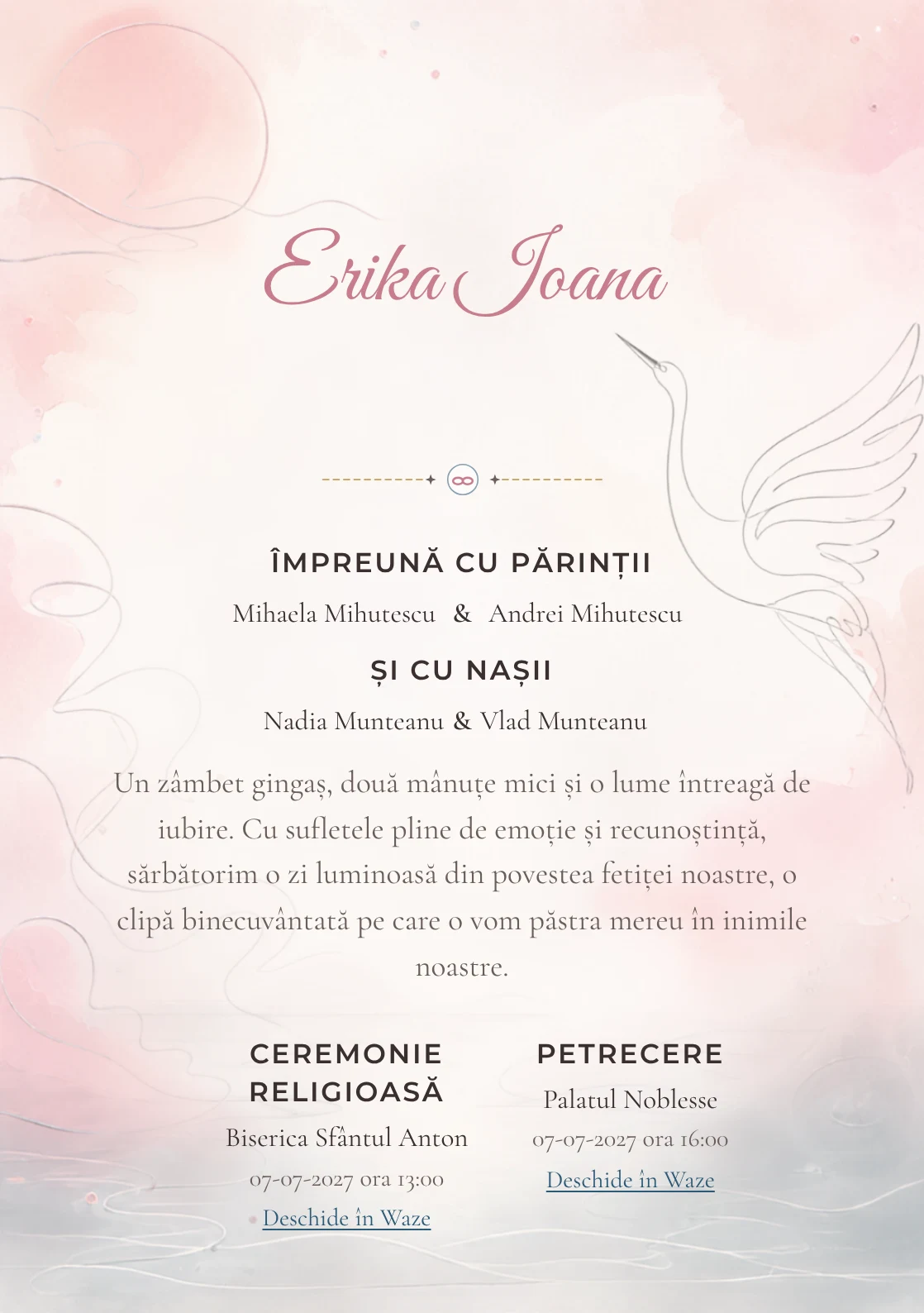 Compoziția Cocor Monoline, din gama de invitații botez, pune accent pe o siluetă de cocor desenată continuu și include valuri discrete și un disc.