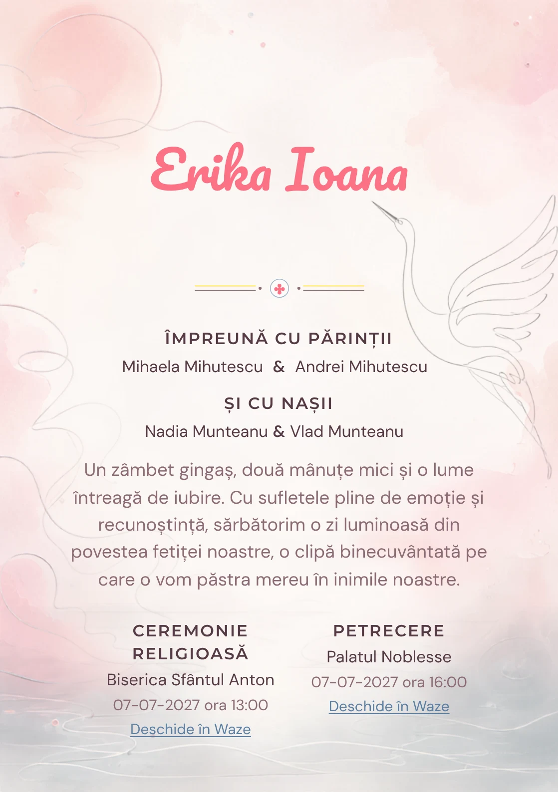 Compoziția Cocor Monoline, din gama de invitații botez, pune accent pe o siluetă de cocor desenată continuu și include valuri discrete și un disc.