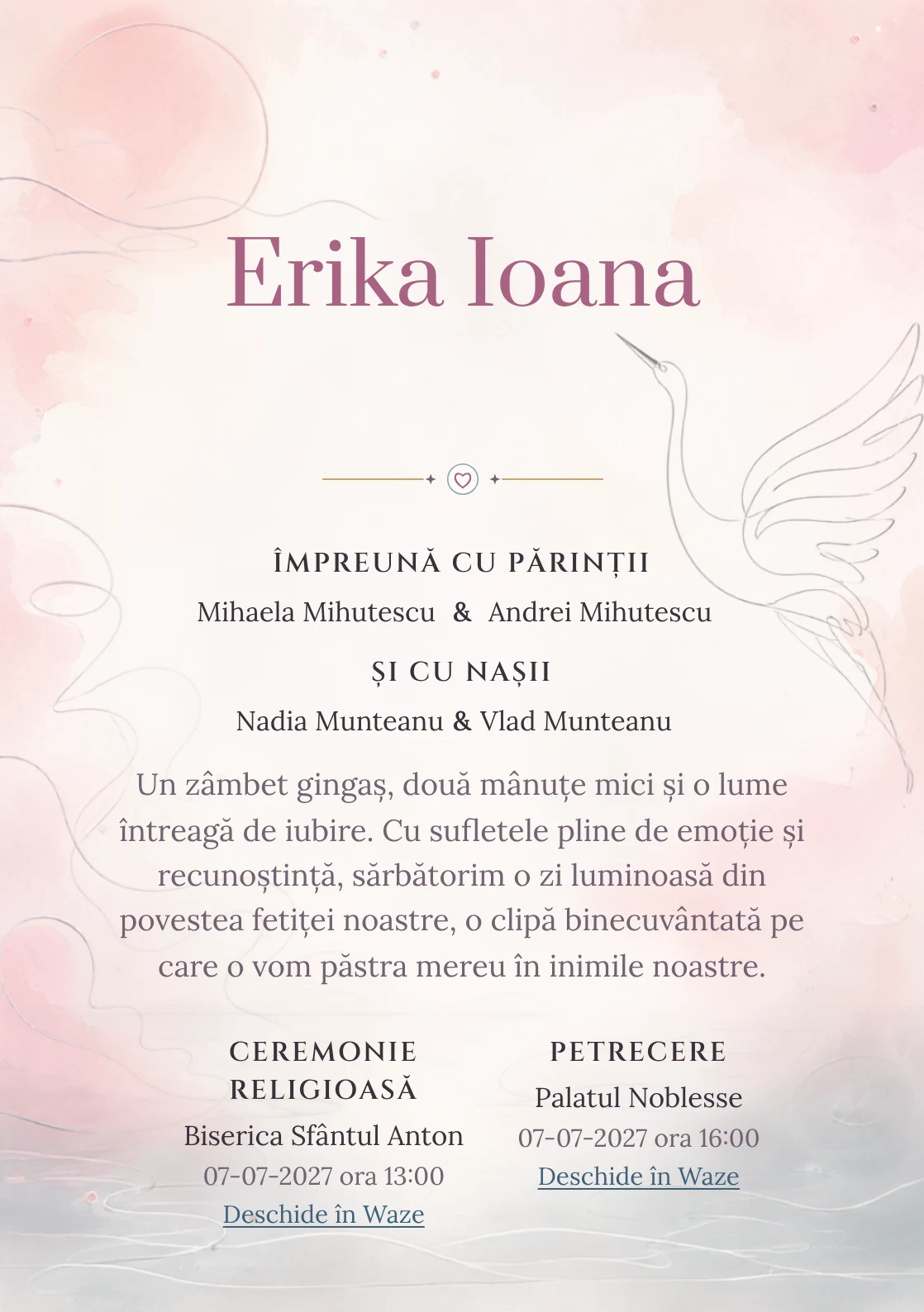 Compoziția Cocor Monoline, din gama de invitații botez, pune accent pe o siluetă de cocor desenată continuu și include valuri discrete și un disc.