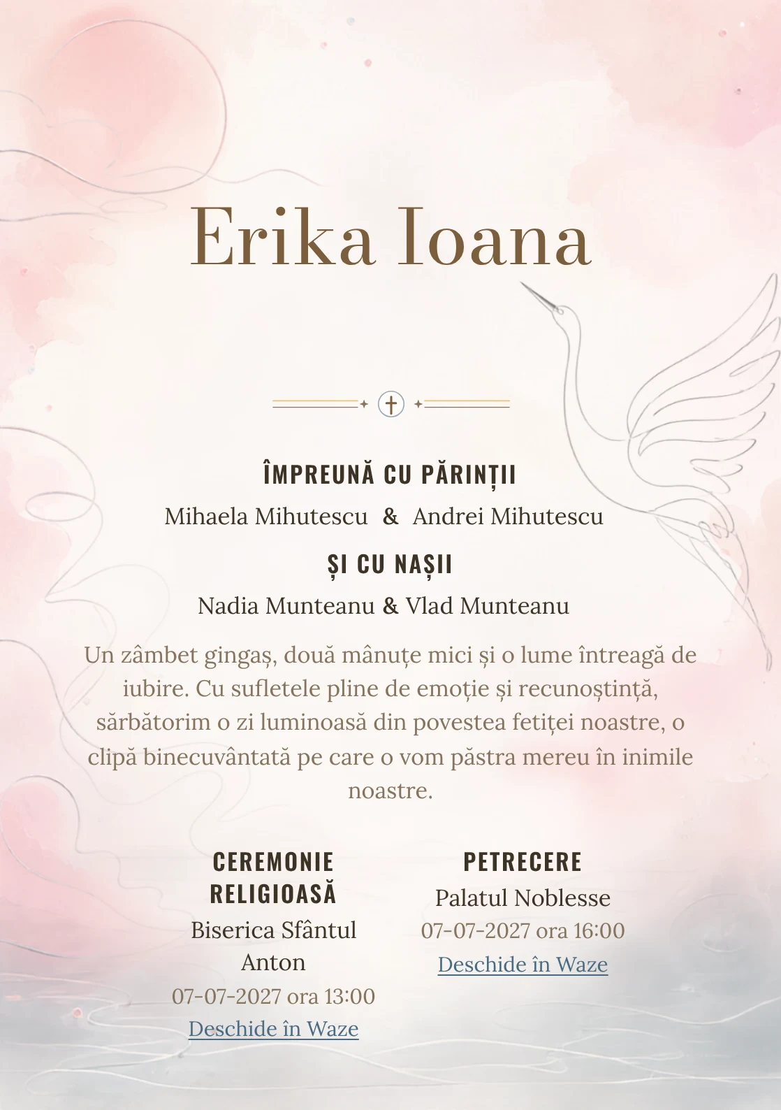 Compoziția Cocor Monoline, din gama de invitații botez, pune accent pe o siluetă de cocor desenată continuu și include valuri discrete și un disc.