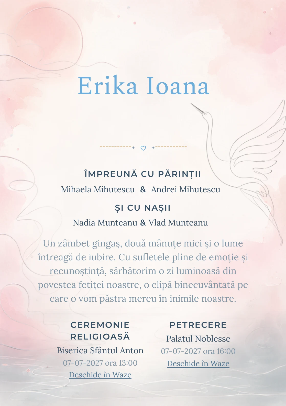 Compoziția Cocor Monoline, din gama de invitații botez, pune accent pe o siluetă de cocor desenată continuu și include valuri discrete și un disc.