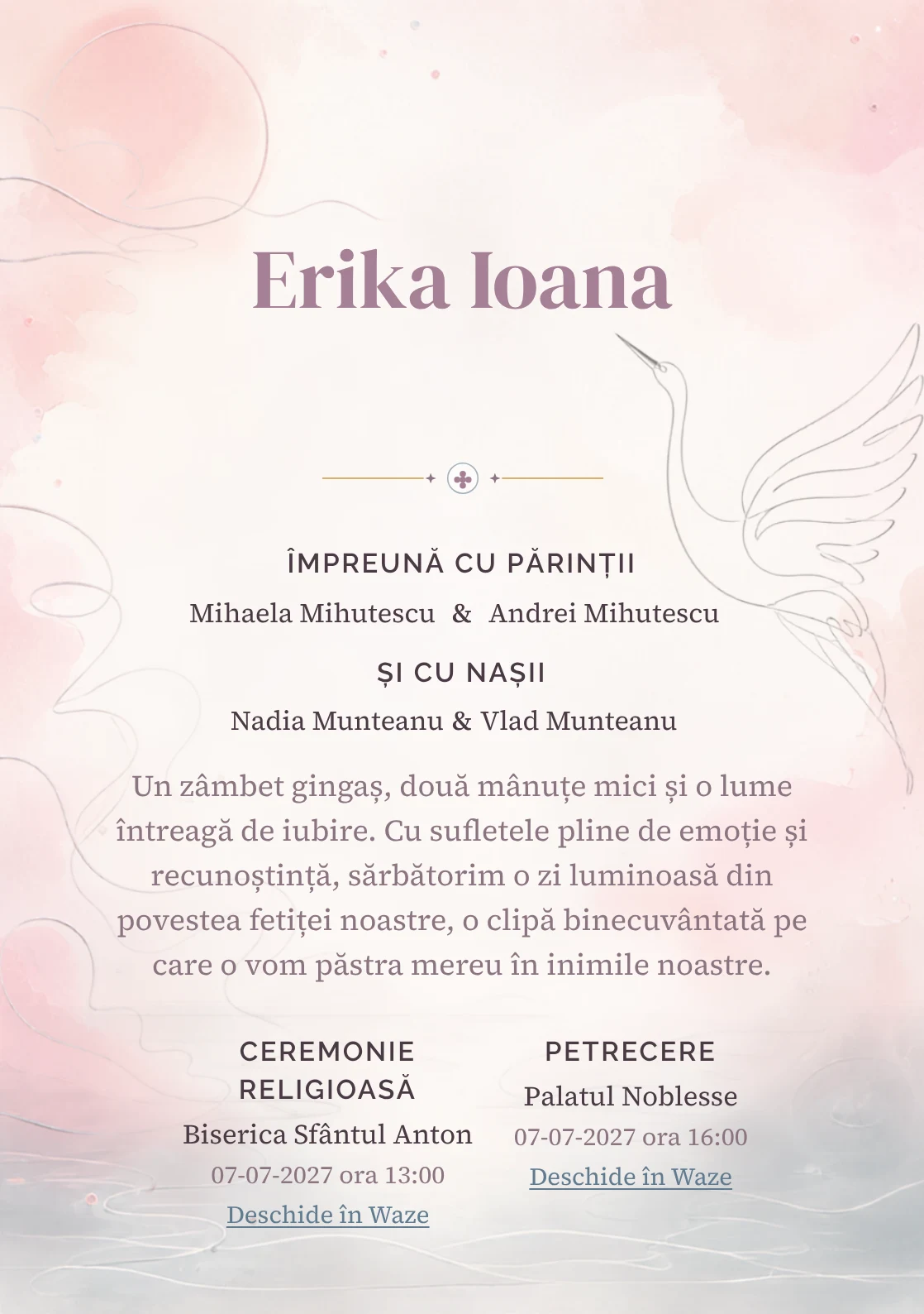 Compoziția Cocor Monoline, din gama de invitații botez, pune accent pe o siluetă de cocor desenată continuu și include valuri discrete și un disc.
