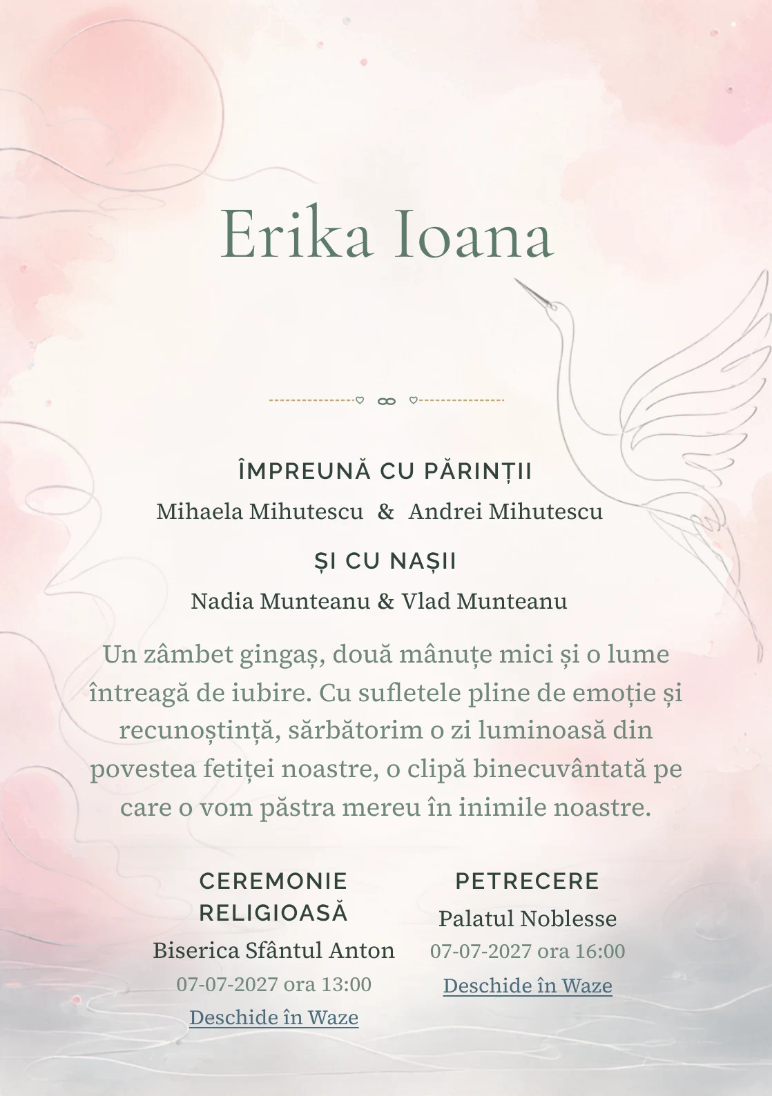 Compoziția Cocor Monoline, din gama de invitații botez, pune accent pe o siluetă de cocor desenată continuu și include valuri discrete și un disc.
