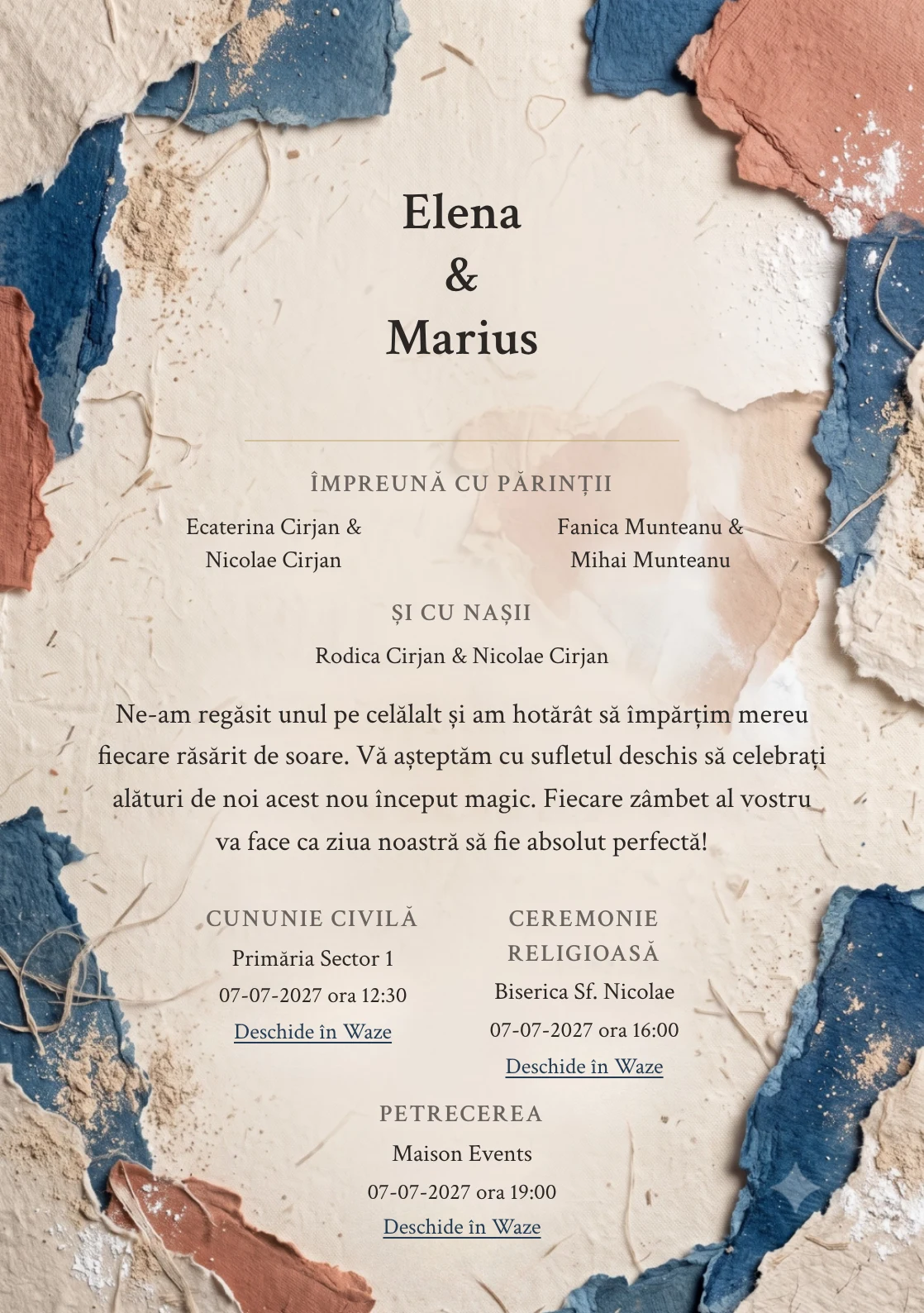 Colaj de Pigment, pentru o invitație de nuntă, pune accent pe forme rupte manual, alături de tonuri de bej in, albastru mineral și teracotă stinsă.