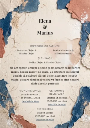Colaj de Pigment, pentru o invitație de nuntă, pune accent pe forme rupte manual, alături de tonuri de bej in, albastru mineral și teracotă stinsă.