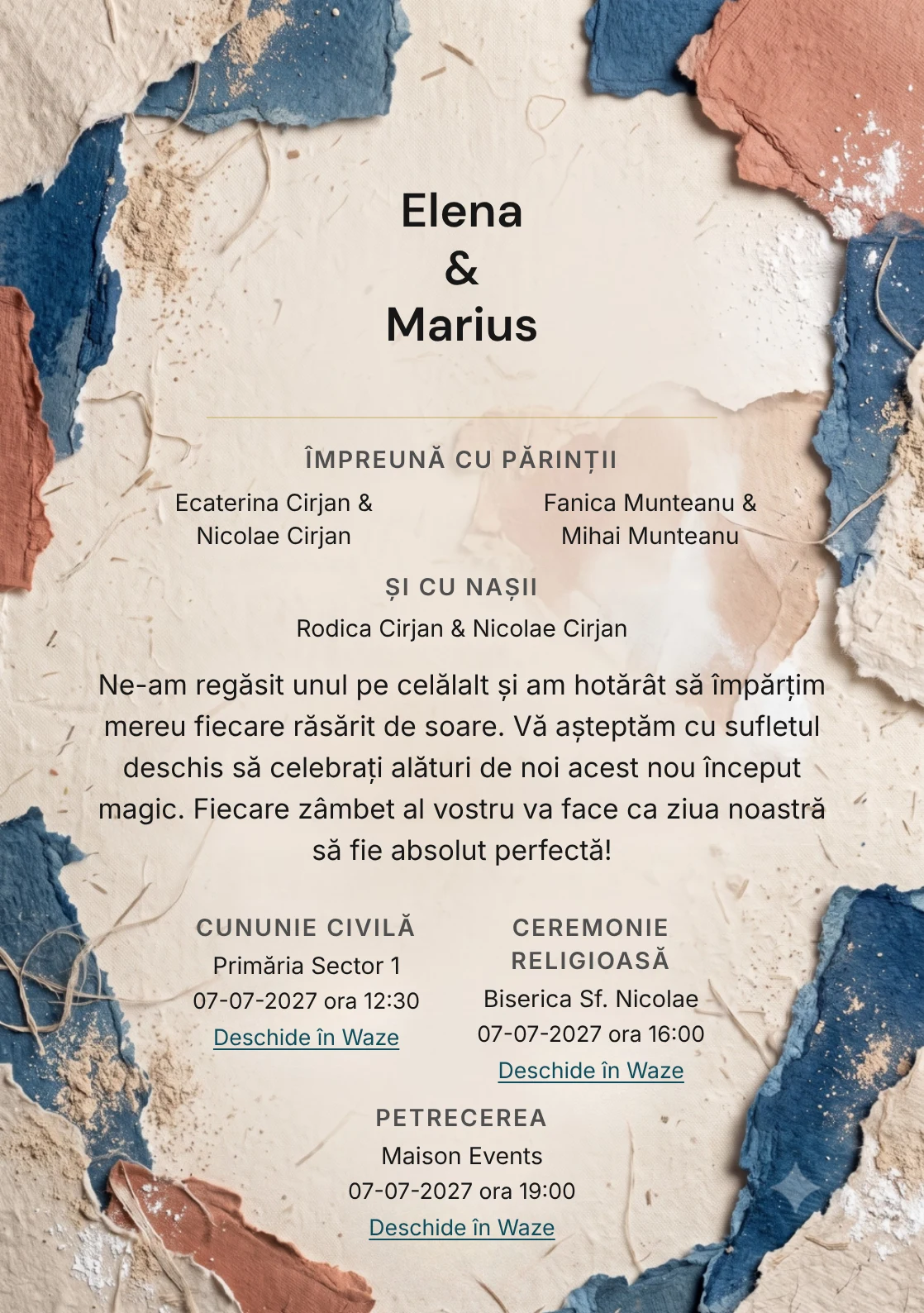 Colaj de Pigment, pentru o invitație de nuntă, pune accent pe forme rupte manual, alături de tonuri de bej in, albastru mineral și teracotă stinsă.