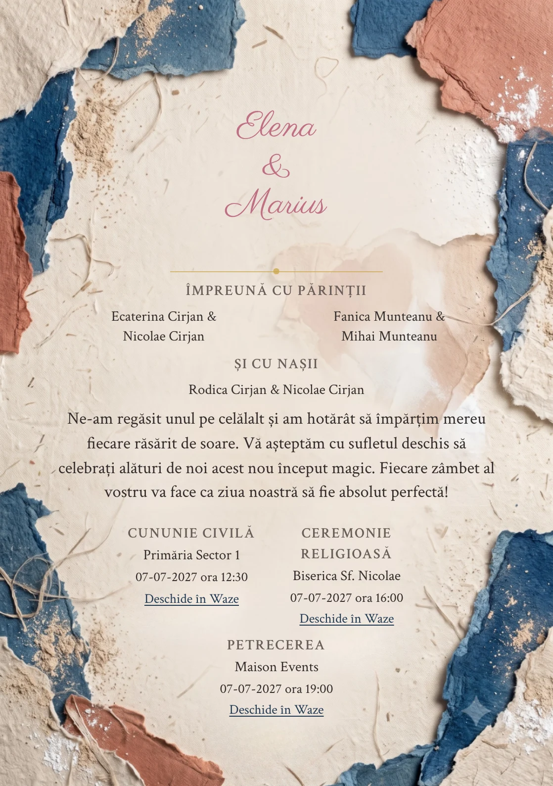 Colaj de Pigment, pentru o invitație de nuntă, pune accent pe forme rupte manual, alături de tonuri de bej in, albastru mineral și teracotă stinsă.
