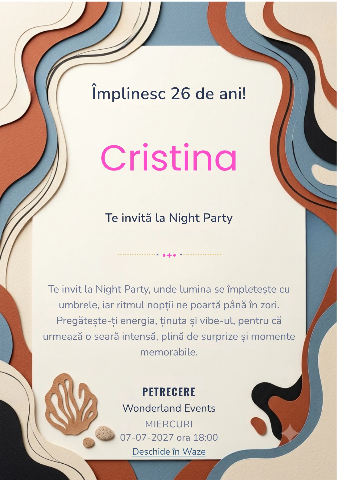 Colaj Editorial este un model de invitații digitale pentru o aniversare adultă, definit vizual de straturi grafice asimetrice.