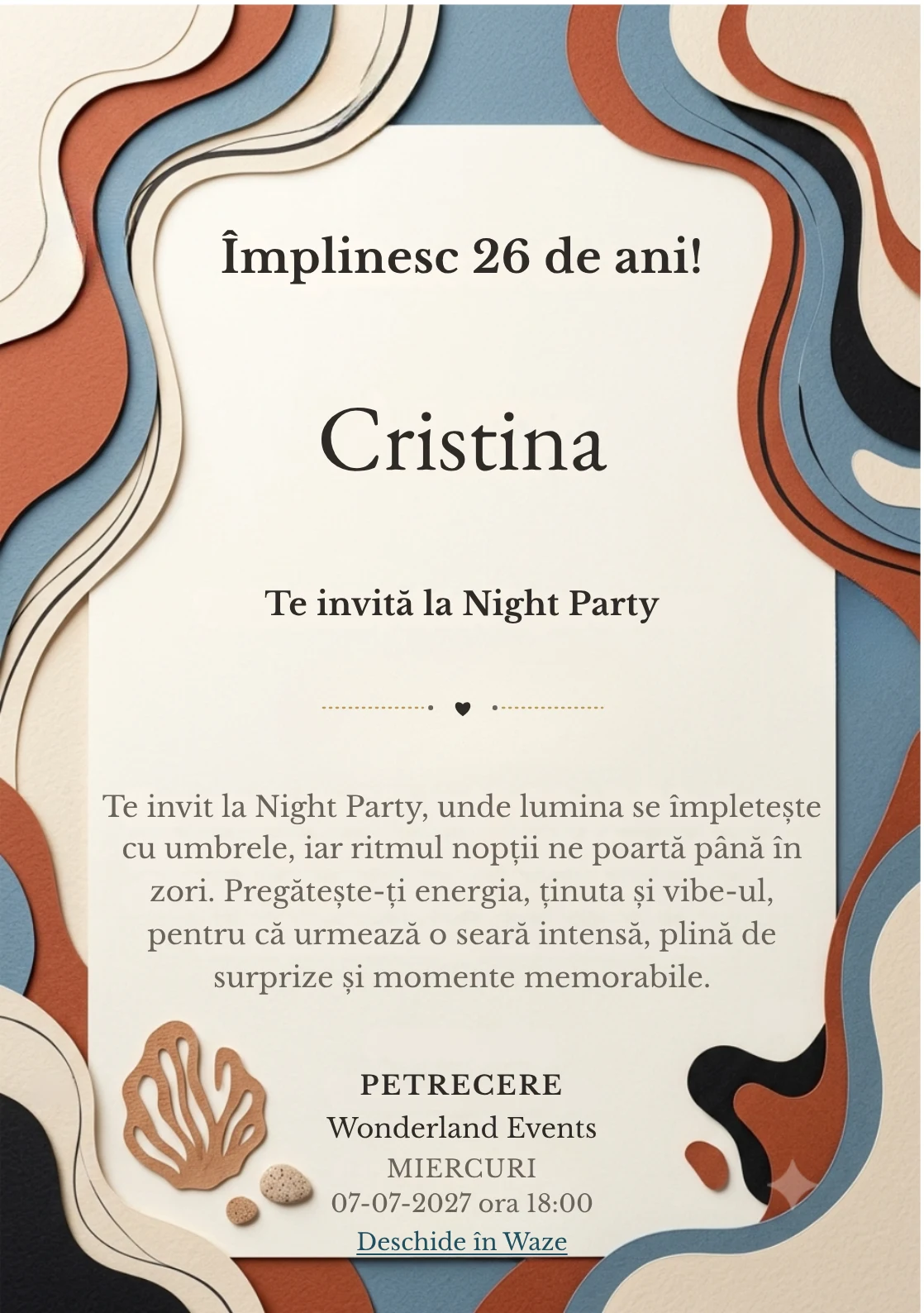 Colaj Editorial este un model de invitații digitale pentru o aniversare adultă, definit vizual de straturi grafice asimetrice.