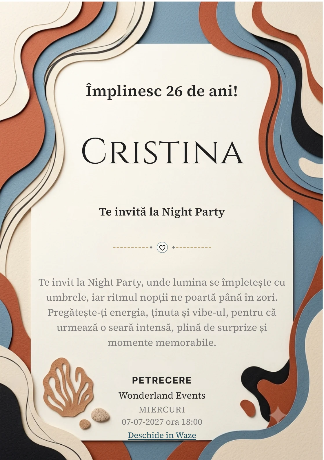 Colaj Editorial este un model de invitații digitale pentru o aniversare adultă, definit vizual de straturi grafice asimetrice.
