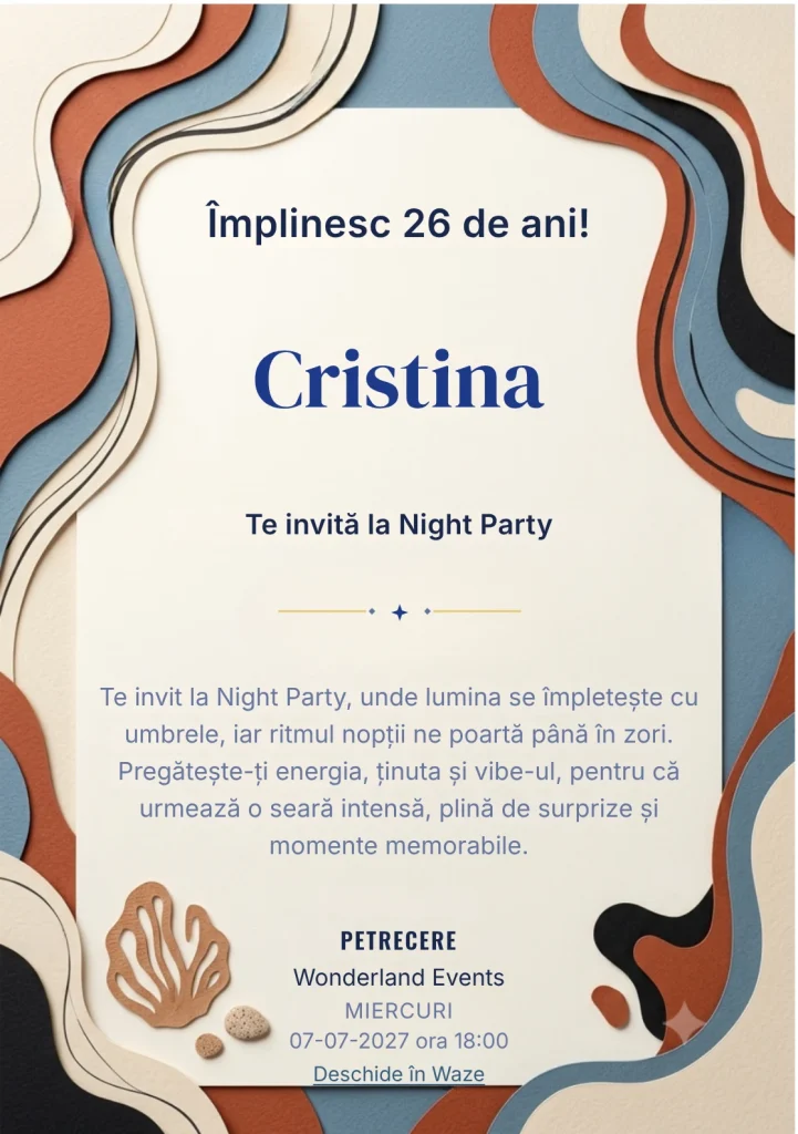 Colaj Editorial este un model de invitații digitale pentru o aniversare adultă, definit vizual de straturi grafice asimetrice.