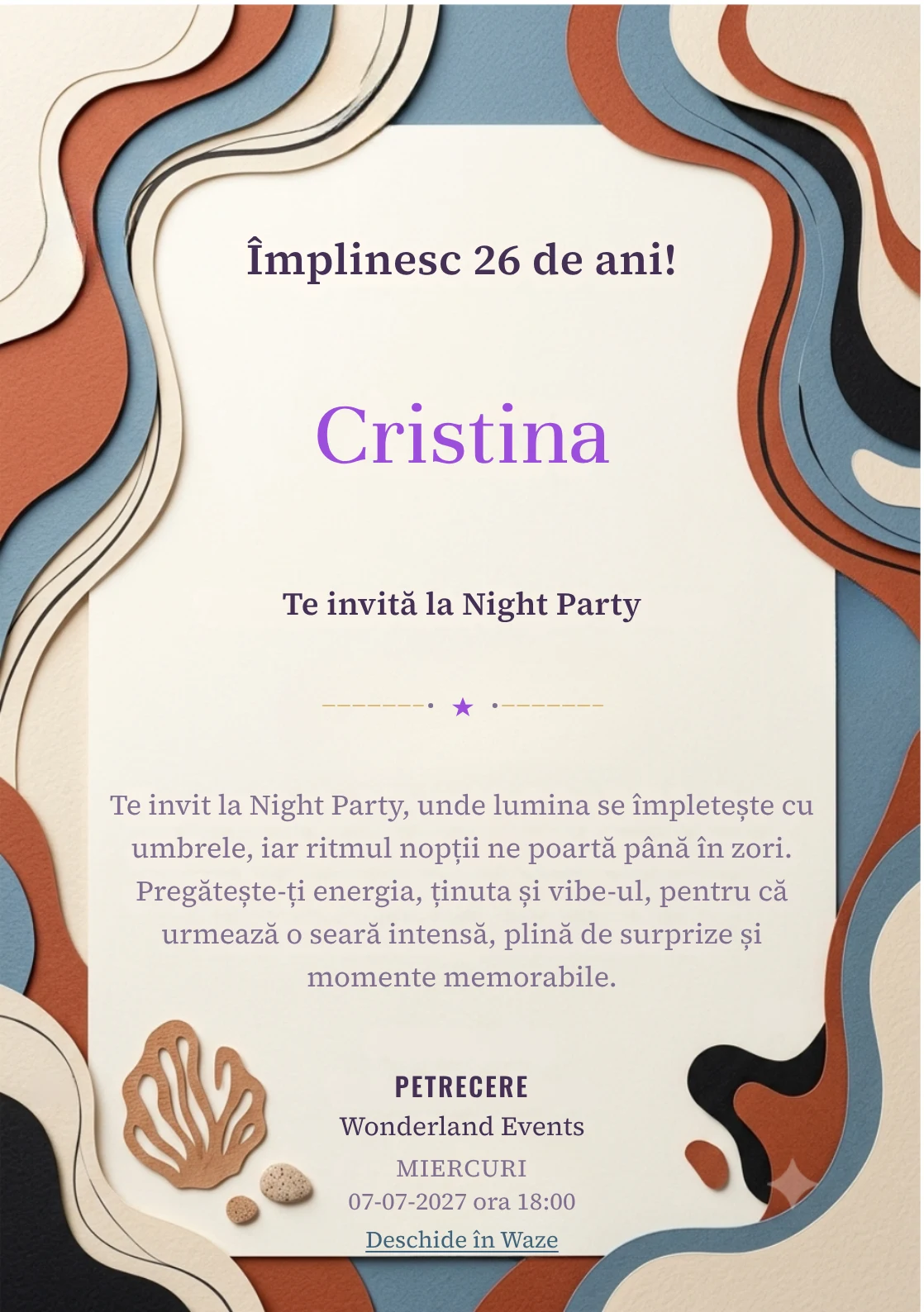 Colaj Editorial este un model de invitații digitale pentru o aniversare adultă, definit vizual de straturi grafice asimetrice.