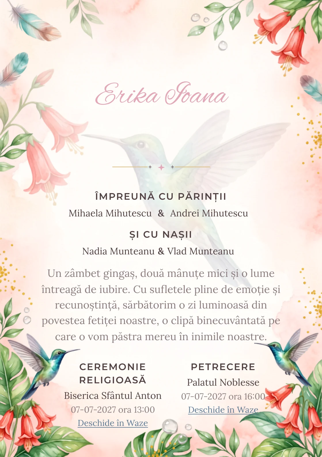 Colibri de Lumină, din gama de invitații botez, are ca reper vizual un colibri mare în zbor lângă clopoței; compoziția include picături de nectar, frunze lucioase și polen.
