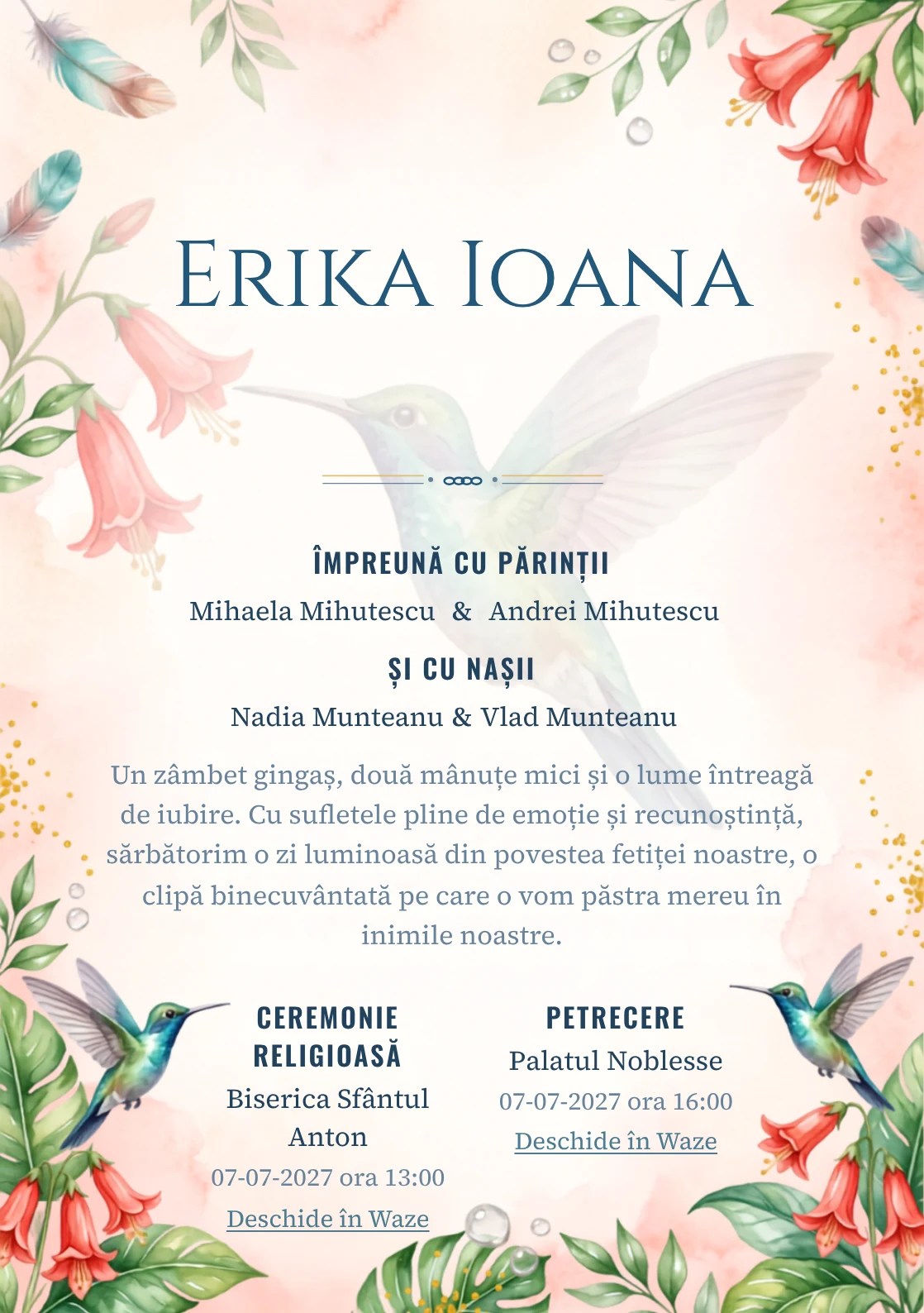 Colibri de Lumină, din gama de invitații botez, are ca reper vizual un colibri mare în zbor lângă clopoței; compoziția include picături de nectar, frunze lucioase și polen.