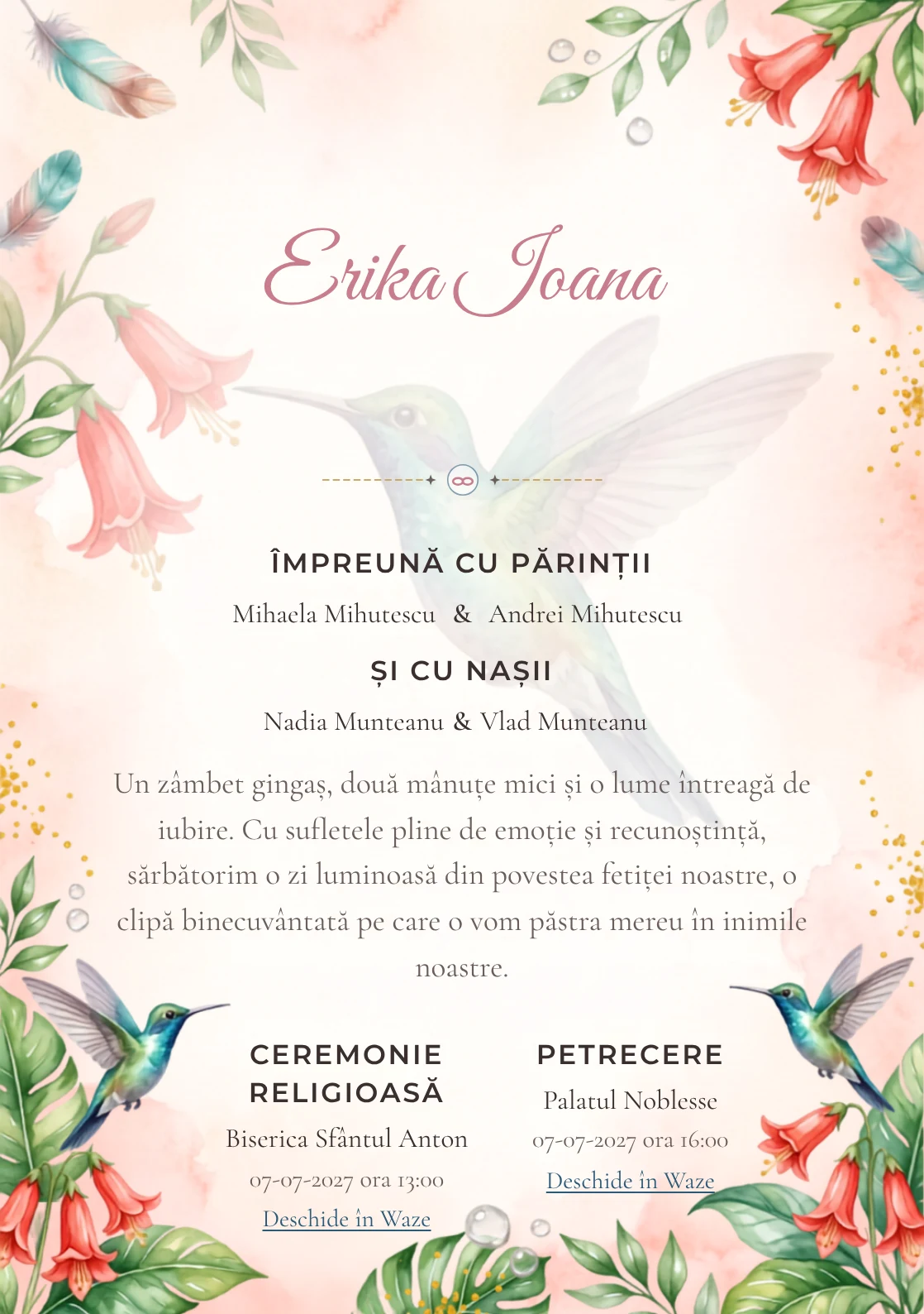 Colibri de Lumină, din gama de invitații botez, are ca reper vizual un colibri mare în zbor lângă clopoței; compoziția include picături de nectar, frunze lucioase și polen.