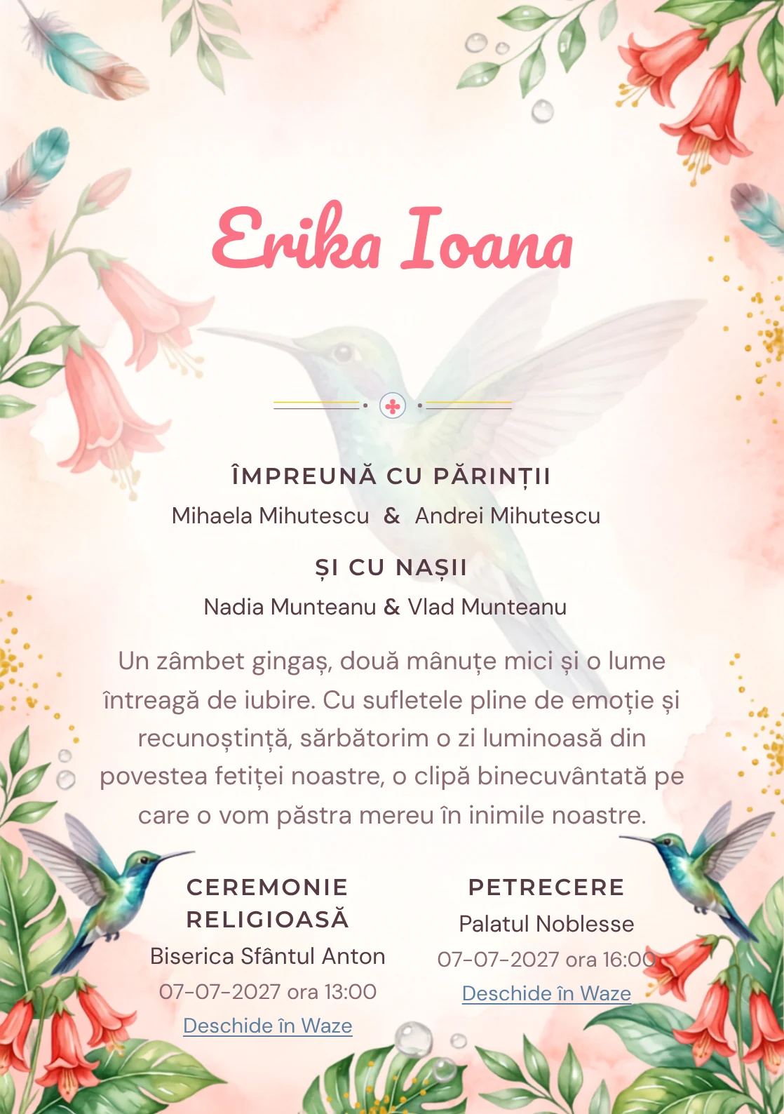 Colibri de Lumină, din gama de invitații botez, are ca reper vizual un colibri mare în zbor lângă clopoței; compoziția include picături de nectar, frunze lucioase și polen.