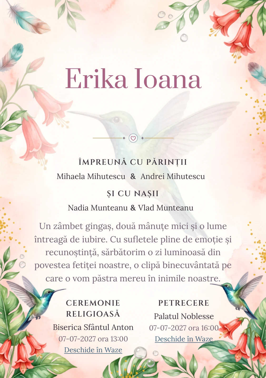 Colibri de Lumină, din gama de invitații botez, are ca reper vizual un colibri mare în zbor lângă clopoței; compoziția include picături de nectar, frunze lucioase și polen.