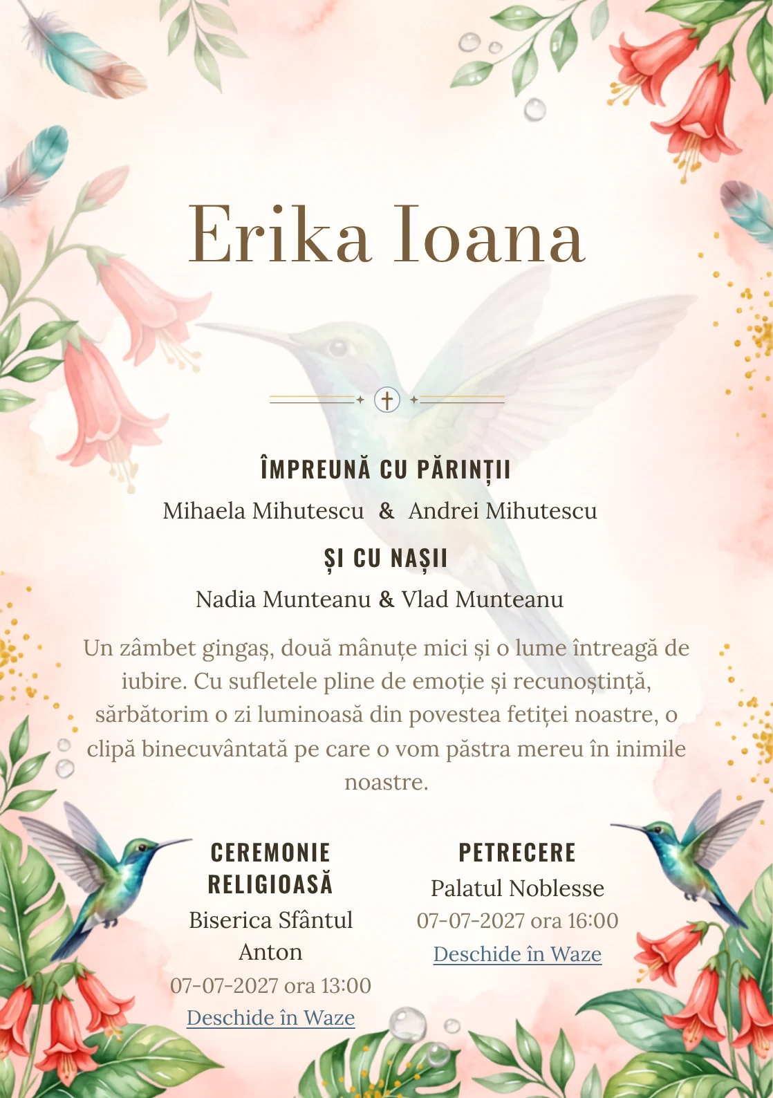 Colibri de Lumină, din gama de invitații botez, are ca reper vizual un colibri mare în zbor lângă clopoței; compoziția include picături de nectar, frunze lucioase și polen.