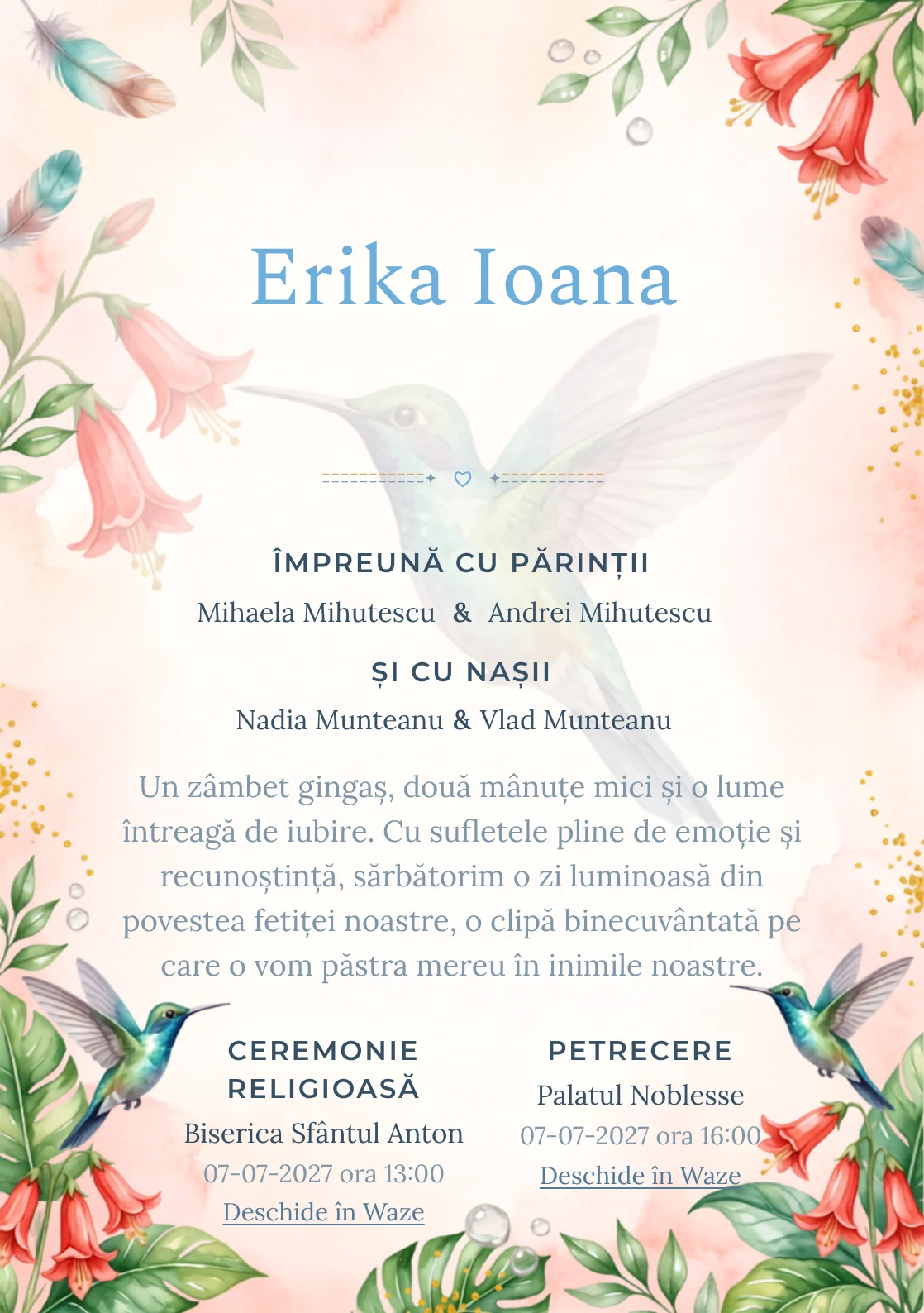 Colibri de Lumină, din gama de invitații botez, are ca reper vizual un colibri mare în zbor lângă clopoței; compoziția include picături de nectar, frunze lucioase și polen.