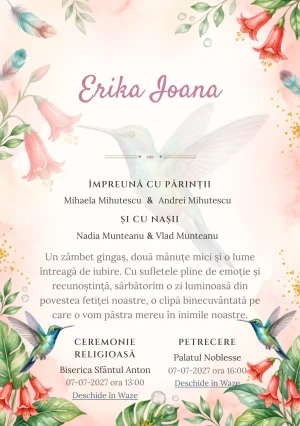 Colibri de Lumină, din gama de invitații botez, are ca reper vizual un colibri mare în zbor lângă clopoței; compoziția include picături de nectar, frunze lucioase și polen.