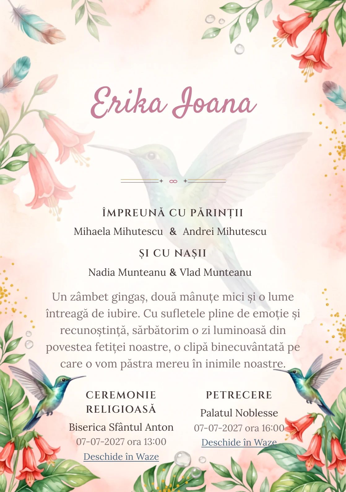 Colibri de Lumină, din gama de invitații botez, are ca reper vizual un colibri mare în zbor lângă clopoței; compoziția include picături de nectar, frunze lucioase și polen.