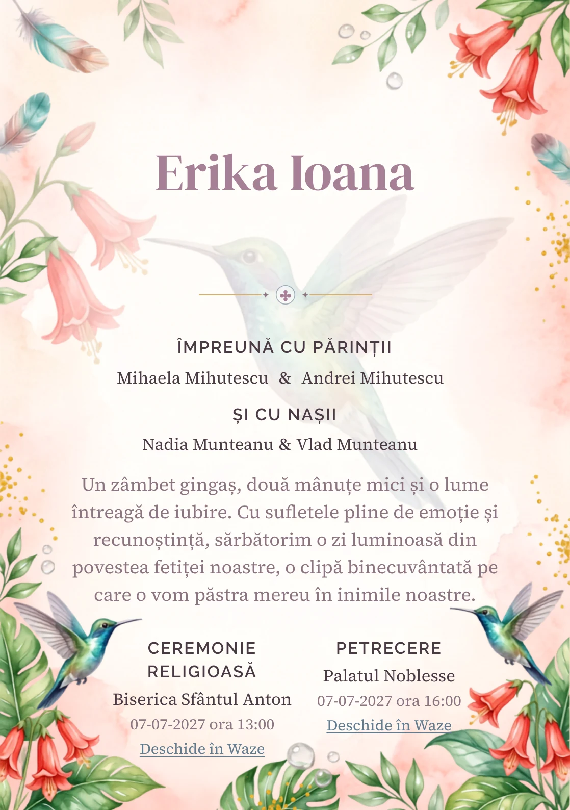 Colibri de Lumină, din gama de invitații botez, are ca reper vizual un colibri mare în zbor lângă clopoței; compoziția include picături de nectar, frunze lucioase și polen.