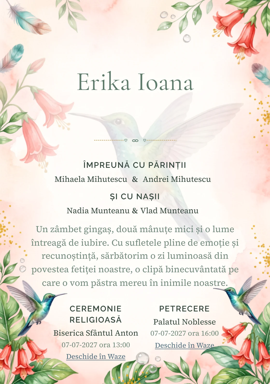 Colibri de Lumină, din gama de invitații botez, are ca reper vizual un colibri mare în zbor lângă clopoței; compoziția include picături de nectar, frunze lucioase și polen.