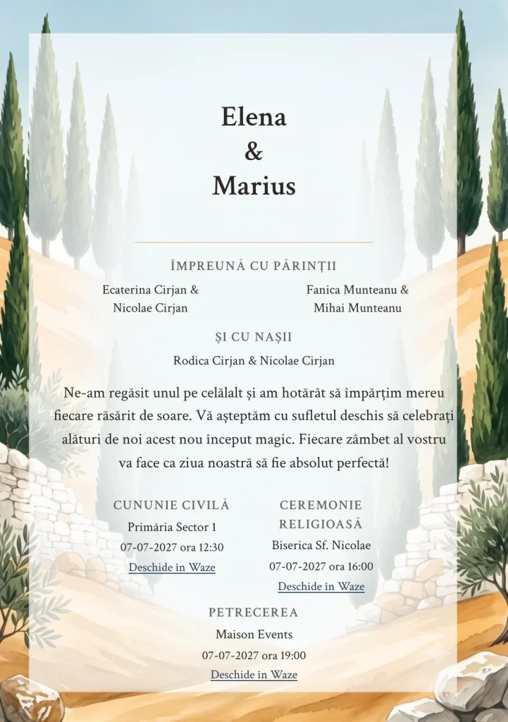 Designul Colina cu Chiparoși, în colecția de invitații nuntă, combină deal abstract cu chiparoși verticali cu o cromatică de verde chiparos, ocru deal și alb piatră.