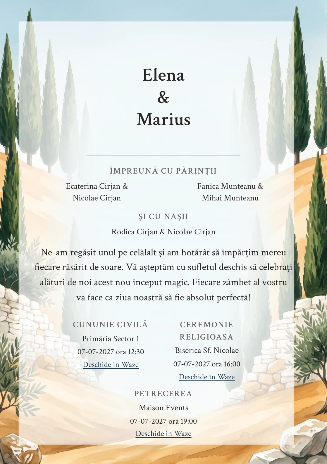Designul Colina cu Chiparoși, în colecția de invitații nuntă, combină deal abstract cu chiparoși verticali cu o cromatică de verde chiparos, ocru deal și alb piatră.