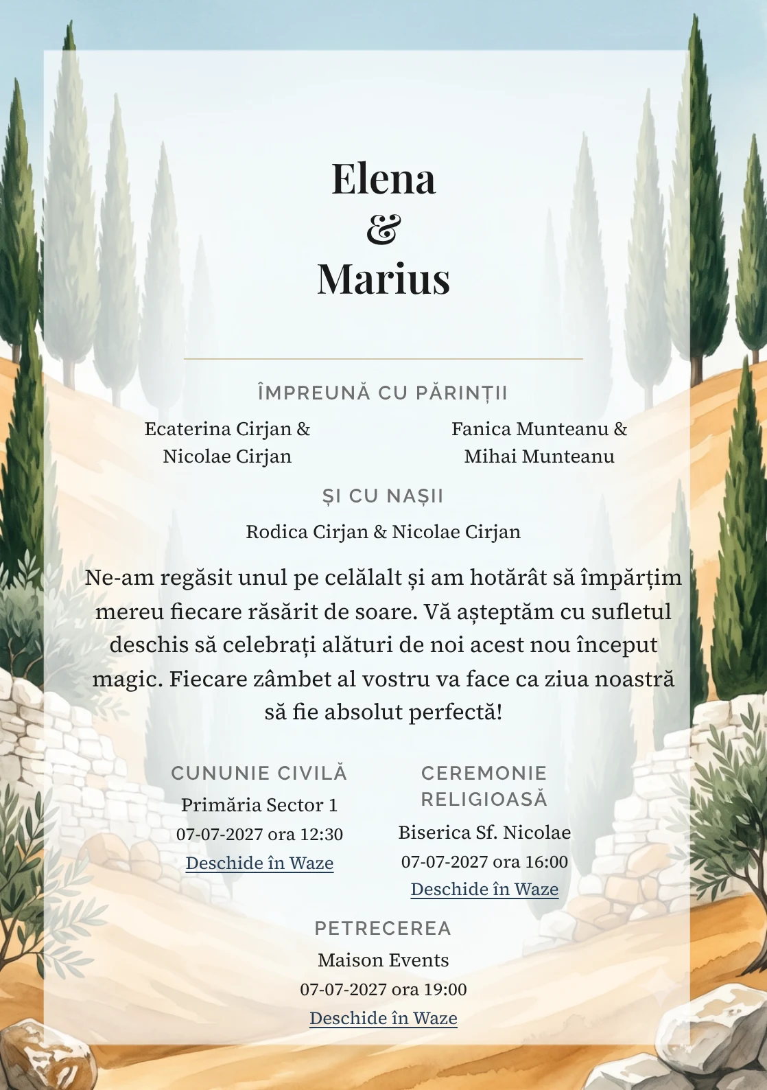 Designul Colina cu Chiparoși, în colecția de invitații nuntă, combină deal abstract cu chiparoși verticali cu o cromatică de verde chiparos, ocru deal și alb piatră.