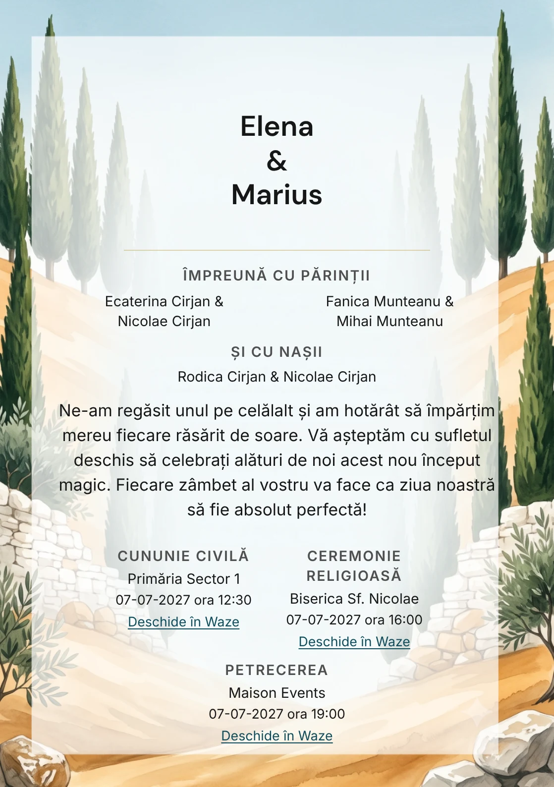 Designul Colina cu Chiparoși, în colecția de invitații nuntă, combină deal abstract cu chiparoși verticali cu o cromatică de verde chiparos, ocru deal și alb piatră.
