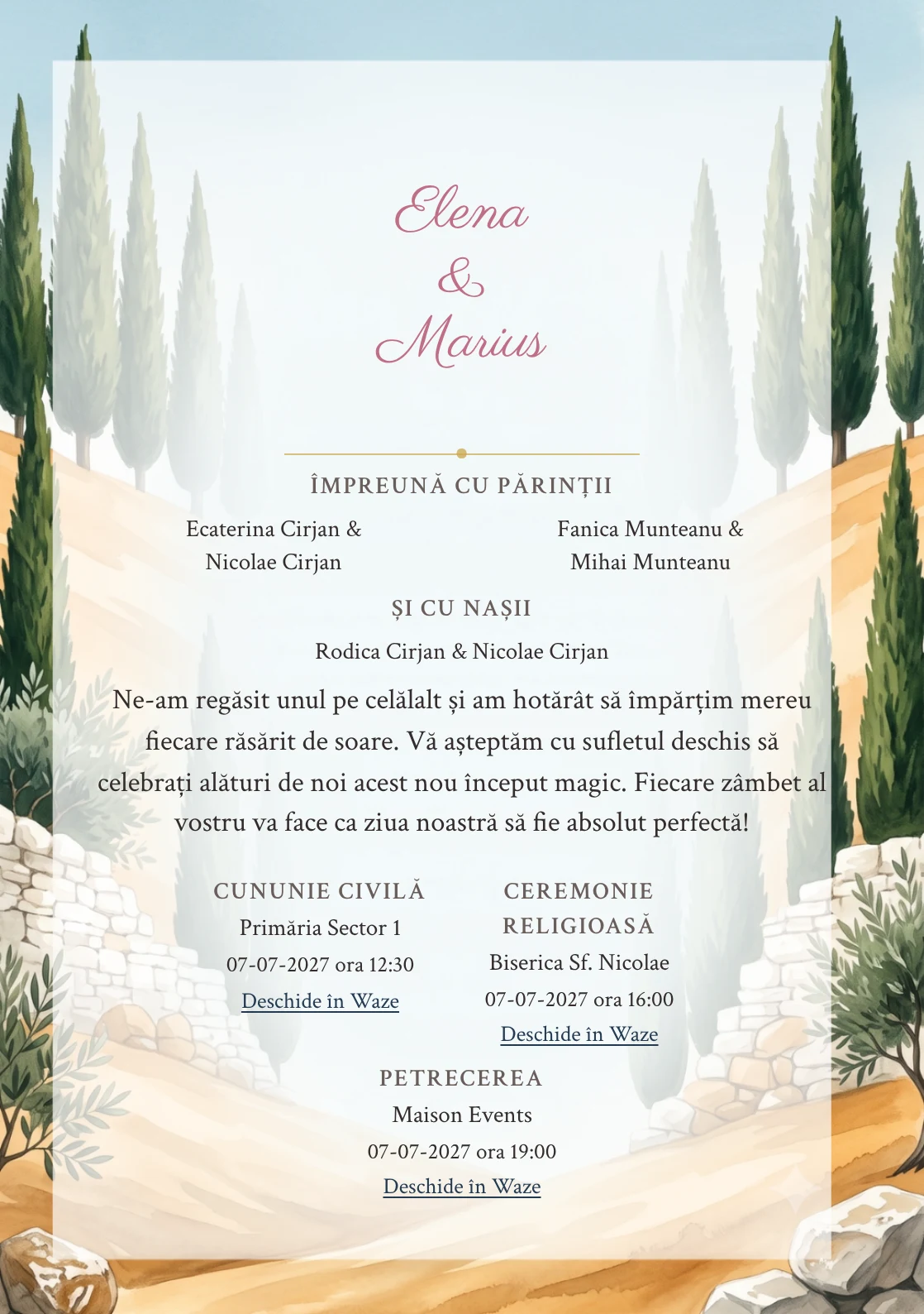 Designul Colina cu Chiparoși, în colecția de invitații nuntă, combină deal abstract cu chiparoși verticali cu o cromatică de verde chiparos, ocru deal și alb piatră.