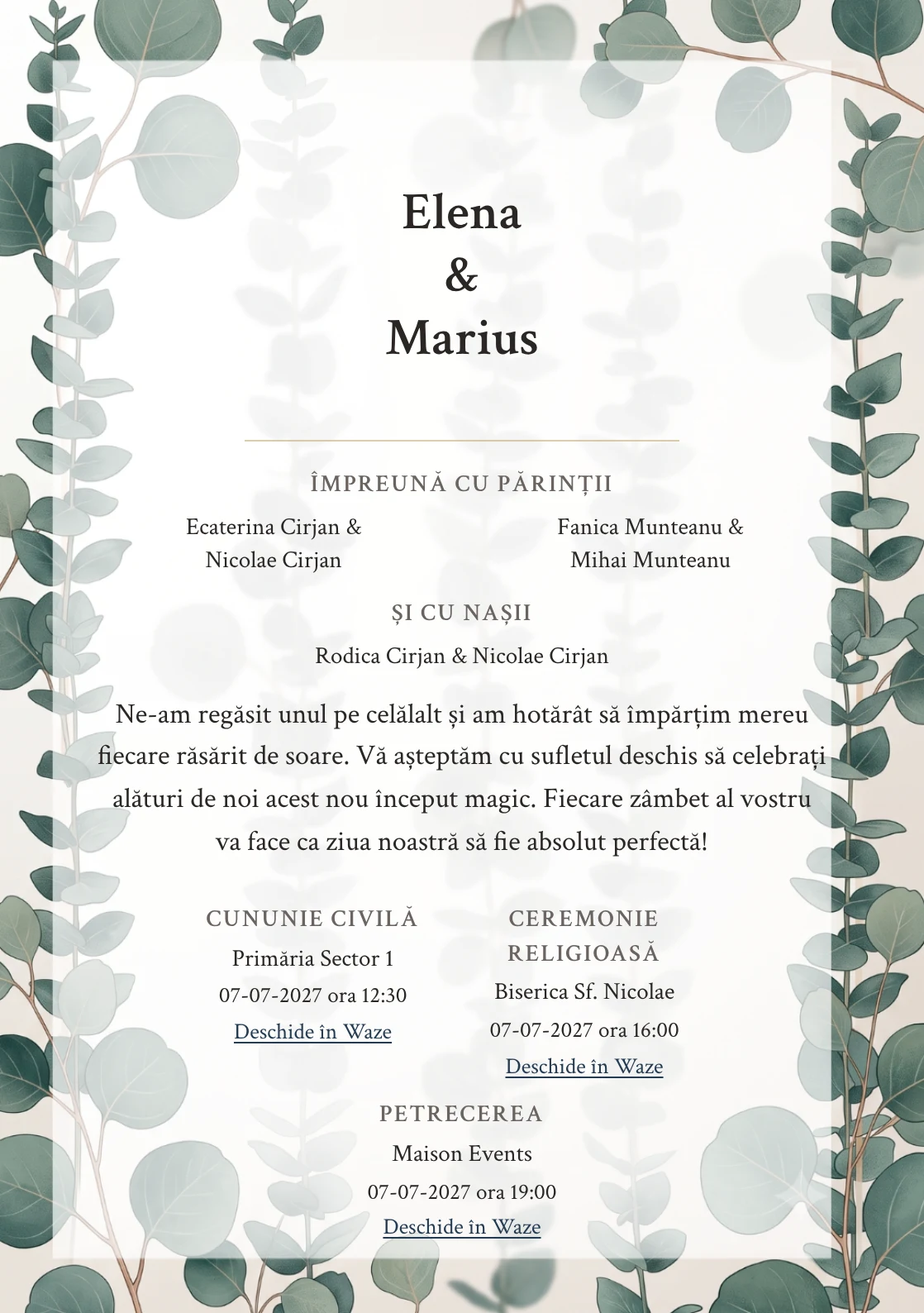 Coloane de Eucalipt, pentru invitații de nuntă, are ca reper vizual tulpini de eucalipt dispuse ca structură verticală, în nuanțe de verde eucalipt albastru.