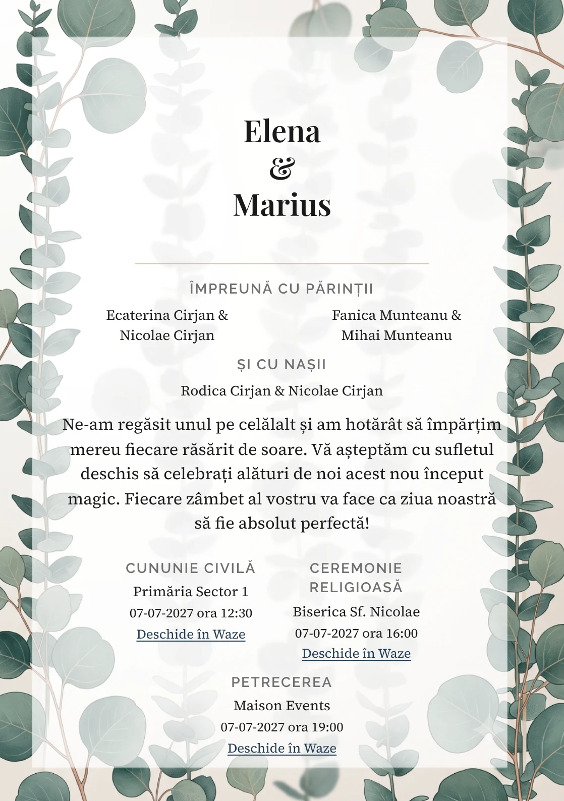 Coloane de Eucalipt, pentru invitații de nuntă, are ca reper vizual tulpini de eucalipt dispuse ca structură verticală, în nuanțe de verde eucalipt albastru.