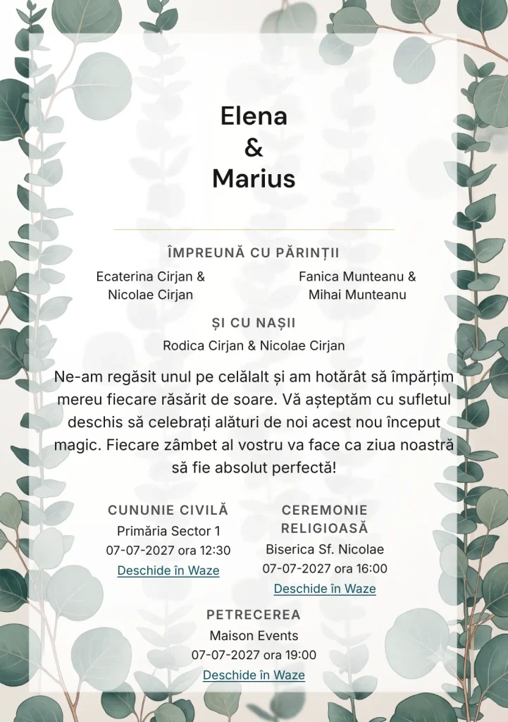 Coloane de Eucalipt, pentru invitații de nuntă, are ca reper vizual tulpini de eucalipt dispuse ca structură verticală, în nuanțe de verde eucalipt albastru.