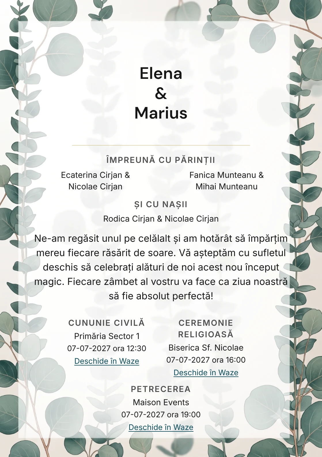 Coloane de Eucalipt, pentru invitații de nuntă, are ca reper vizual tulpini de eucalipt dispuse ca structură verticală, în nuanțe de verde eucalipt albastru.