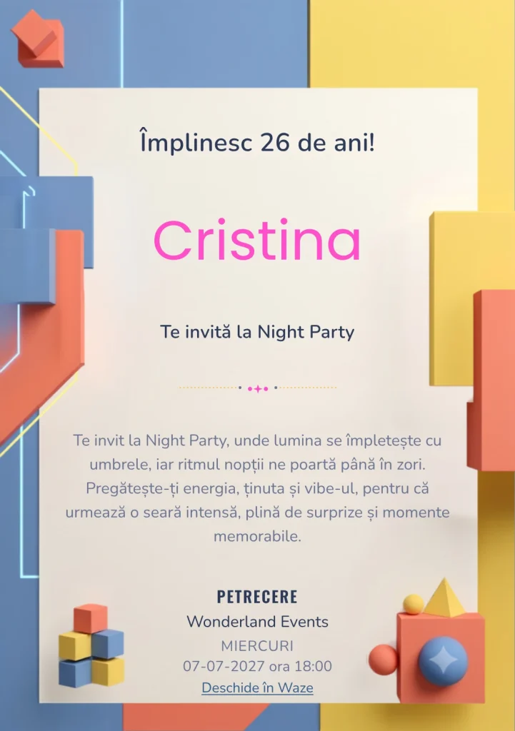 Color Block Party este un model de invitații digitale pentru o aniversare adultă, definit vizual de volume colorate și lumină grafică.