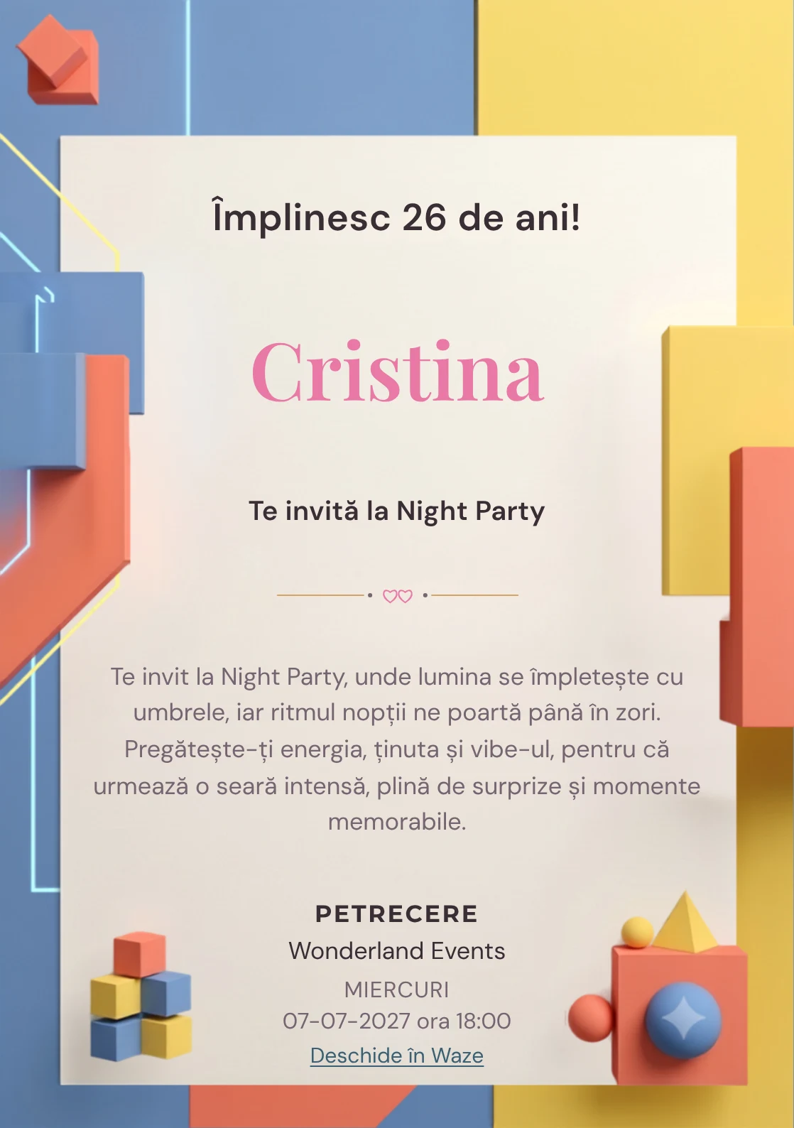 Color Block Party este un model de invitații digitale pentru o aniversare adultă, definit vizual de volume colorate și lumină grafică.